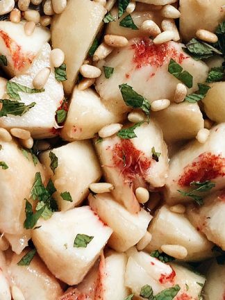 Peach Mint Salad with Toasted Pinenuts is an elegant summer salad to served, garnished with fresh mint.