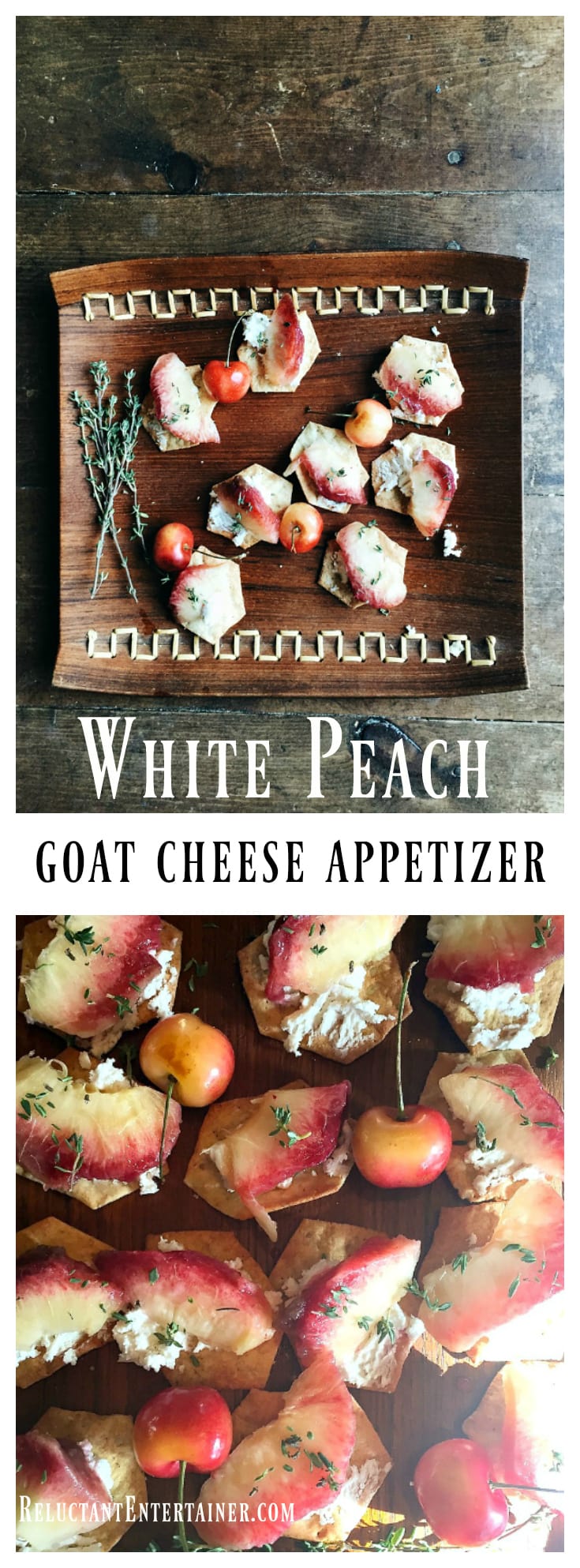 White Peach Goat Cheese Appetizer is perfect for summer entertaining or a light snack, made with fresh white peaches and fresh thyme!