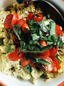 Creamy Pesto Goat Cheese Eggs are a delicious dish to serve with fresh tomatoes and basil, perfect for a weekend breakfast or brunch!