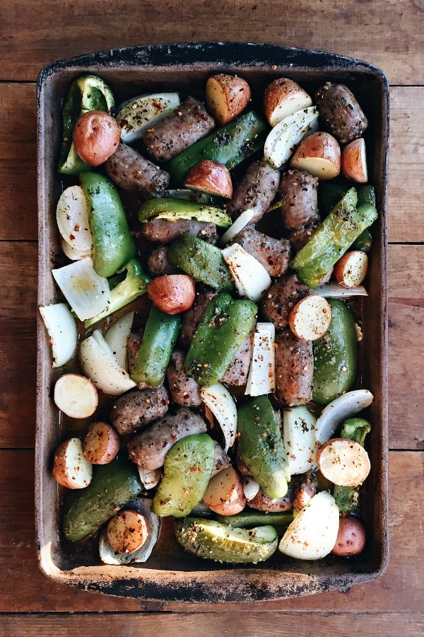 roasted bratwurst potatoes and peppers + a door for a desk