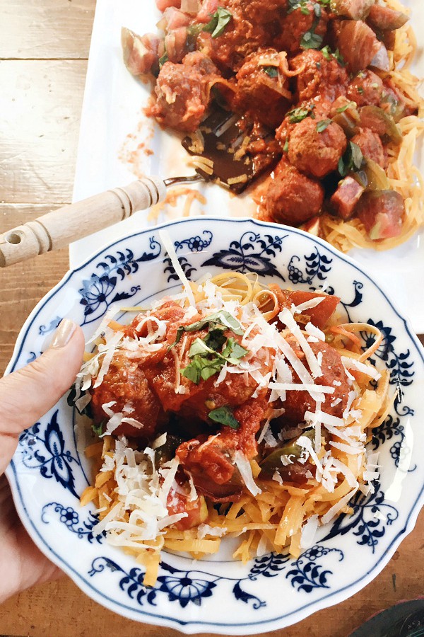 Yellow Squash Zoodles with Meatballs