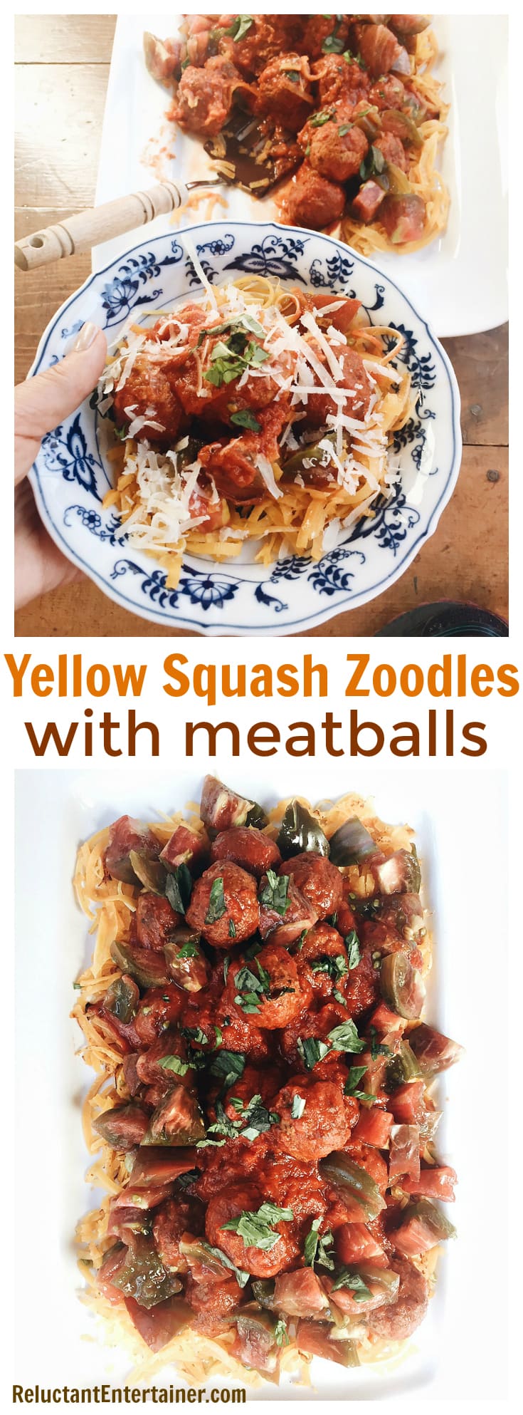 Yellow Squash Zoodles with Meatballs is a tasty meal with spiralized squash, meatballs, sauce, and fresh tomatoes.