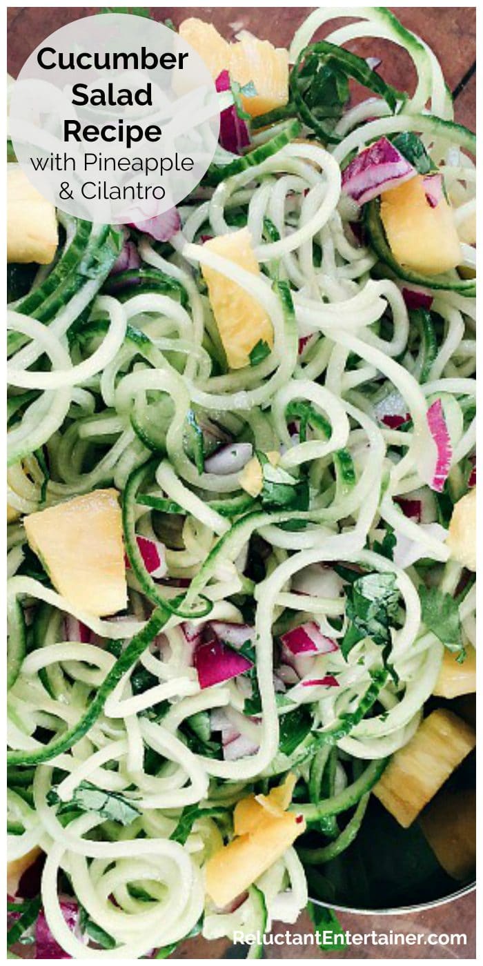 Spiralized cucumbers with pineapple chunks and cilantro