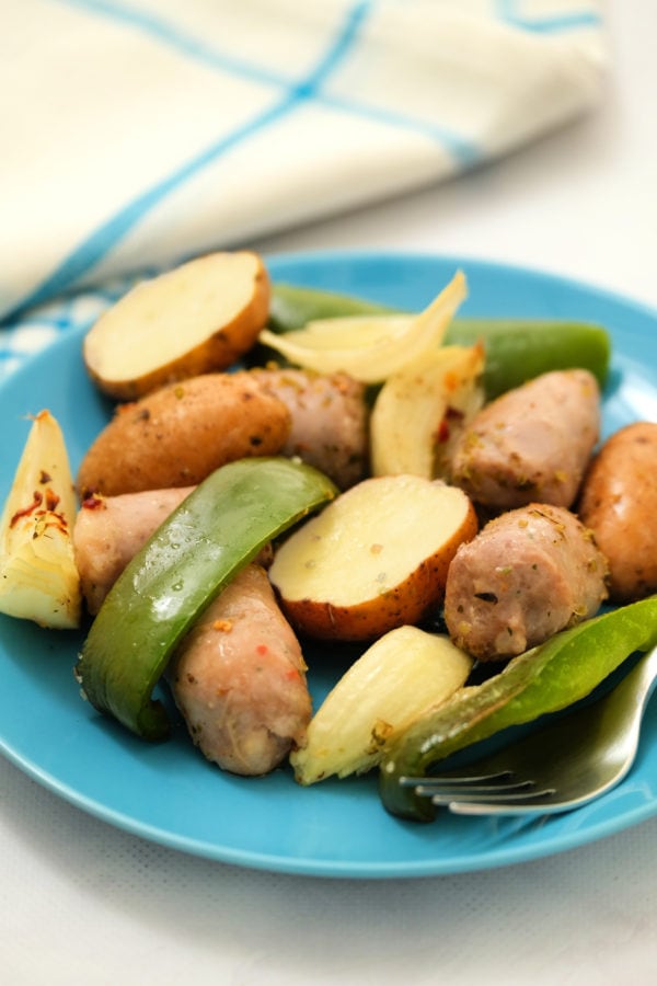 a serving of Roasted Bratwurst Potatoes and Peppers