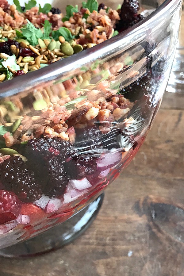 delicious Holiday Kale Berry Salad in glass bowl