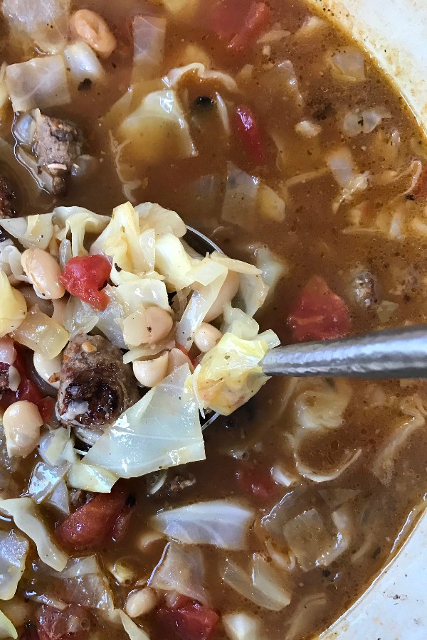 White Bean Cabbage Sausage Soup at ReluctantEntertainer.com