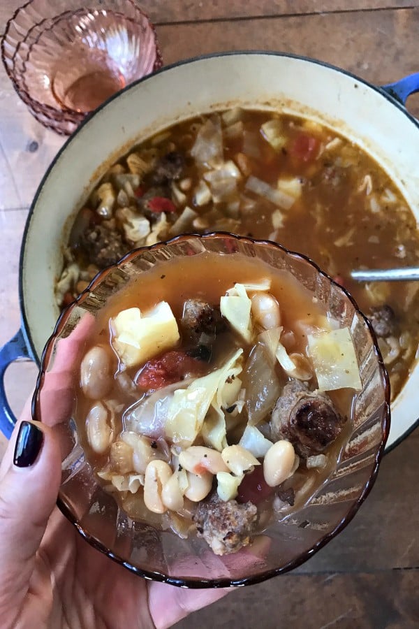 White Bean Cabbage Sausage Soup at ReluctantEntertainer.com