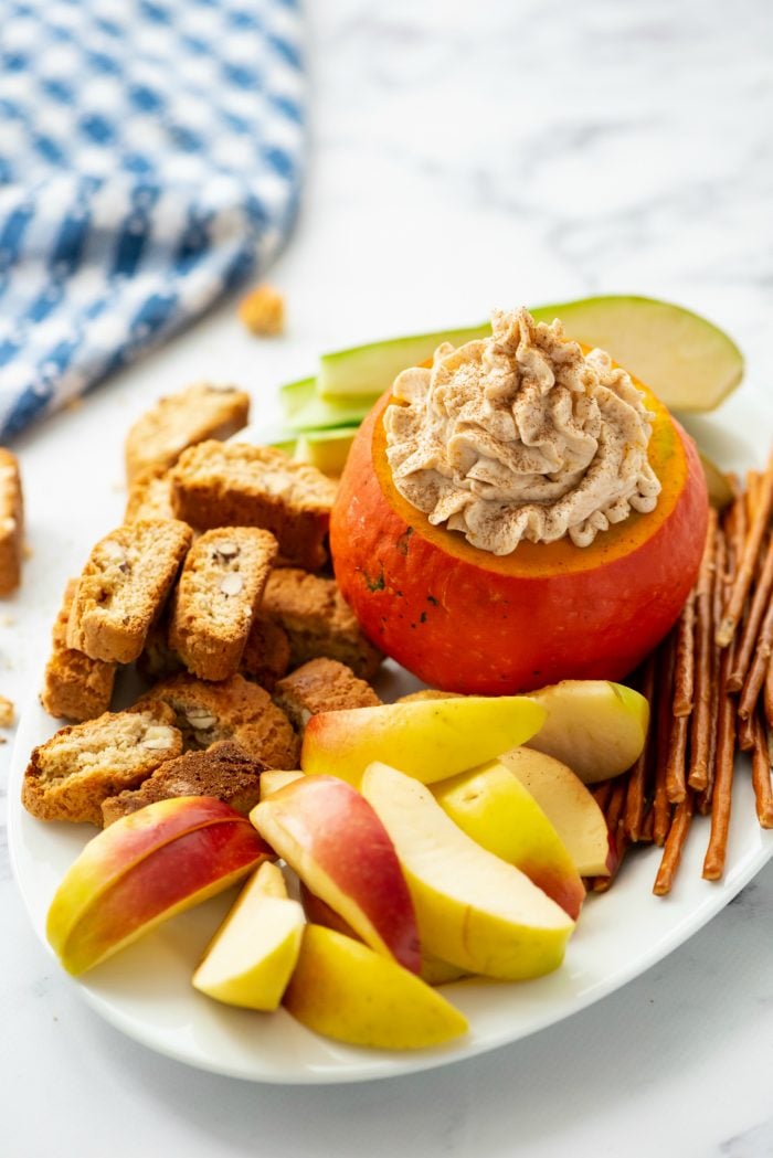 Pumpkin Cream Cheese Dip in a carved out pumpkin