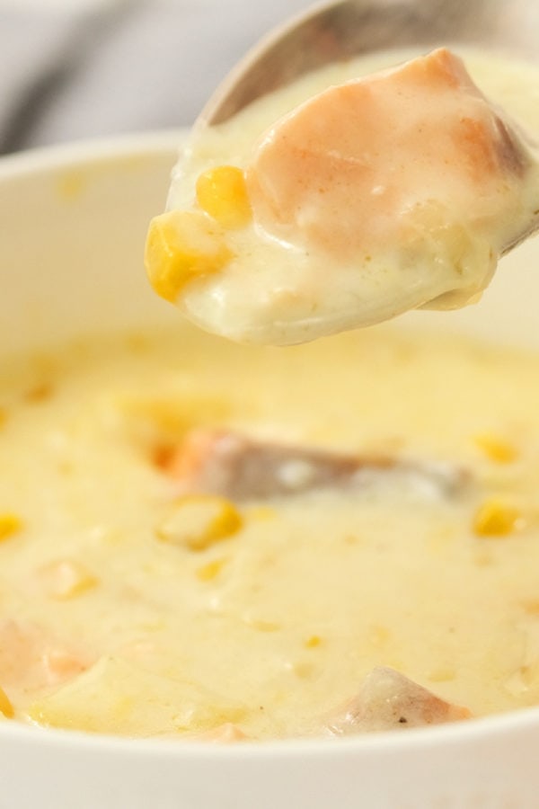 spoonful of corn salmon chowder