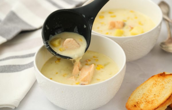 dishing up corn salmon chowder