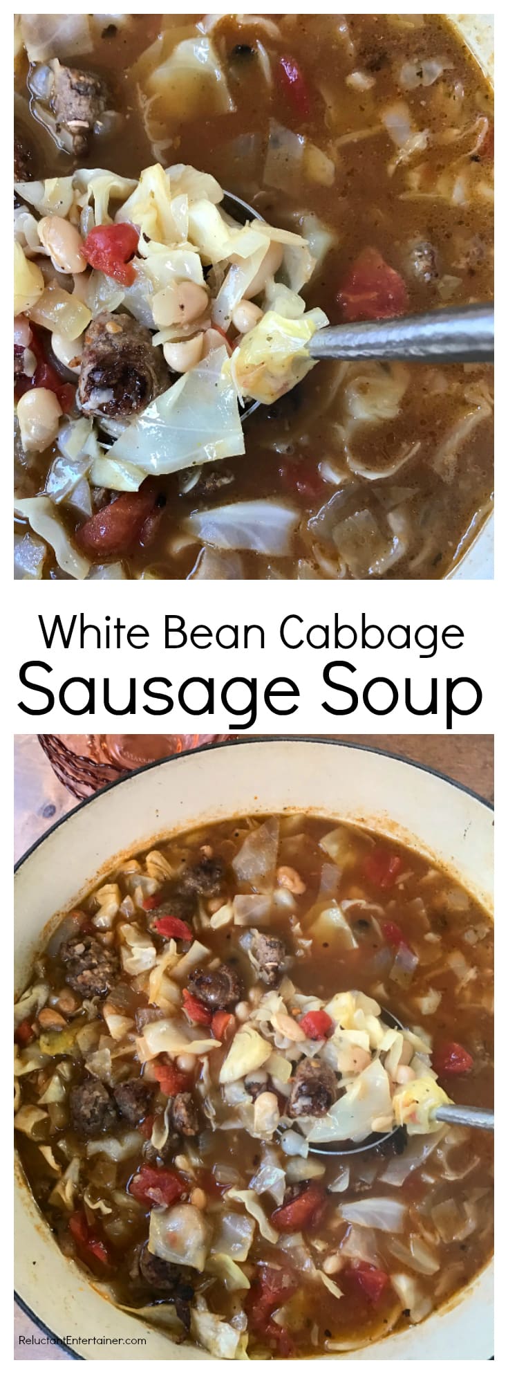 White Bean Cabbage Sausage Soup at ReluctantEntertainer.com