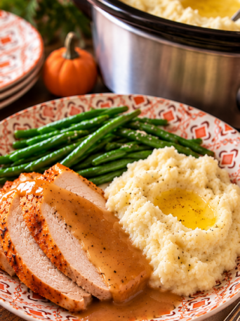 potatoes with turkey gravy and green beans
