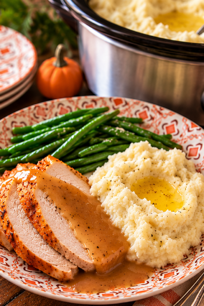 potatoes with turkey gravy and green beans