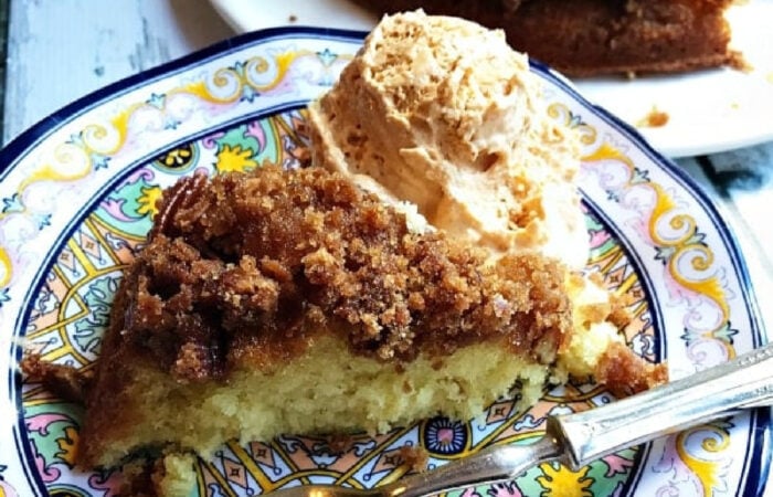 Pecan Upside Down Cake with pumpkin ice cream
