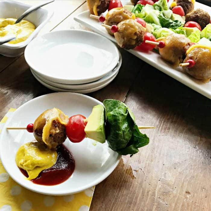 Avocado Cheeseburger Meatballs Appetizer on a stick