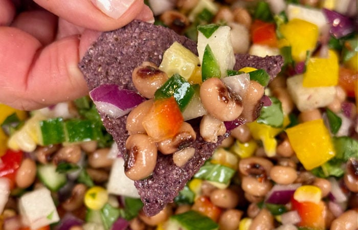 black eyed caviar salad on a chip