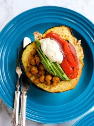 stuffed acorn squash with chickpeas, veggies, tahini