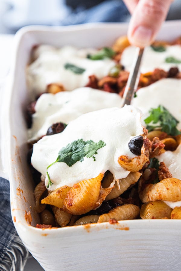 spoonful of Mexican Ground Turkey Olive Pasta Bake
