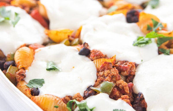 up close cheesy Mexican Ground Turkey Olive Pasta Bake