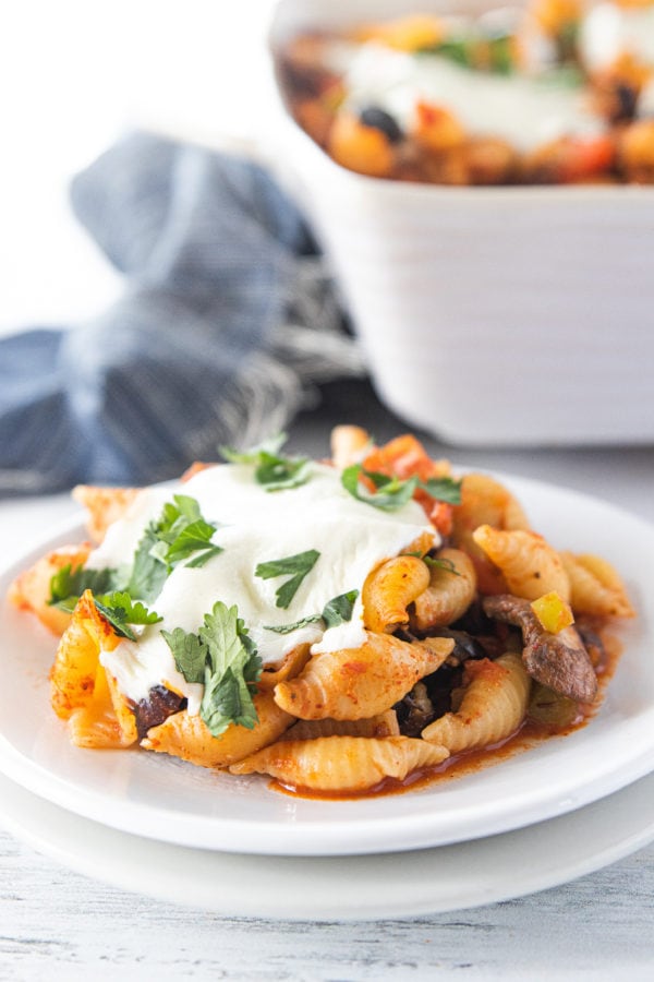 a serving of Mexican Ground Turkey Olive Pasta Bake on a plate