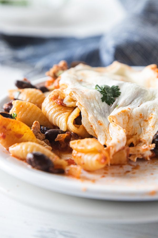 cheesey Mexican Ground Turkey Olive Pasta Bake on plate