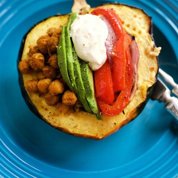 a serving of Acorn Squash Sprouted Rice Bowls