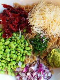 Whole Wheat Pasta Edamame Pesto and Peas