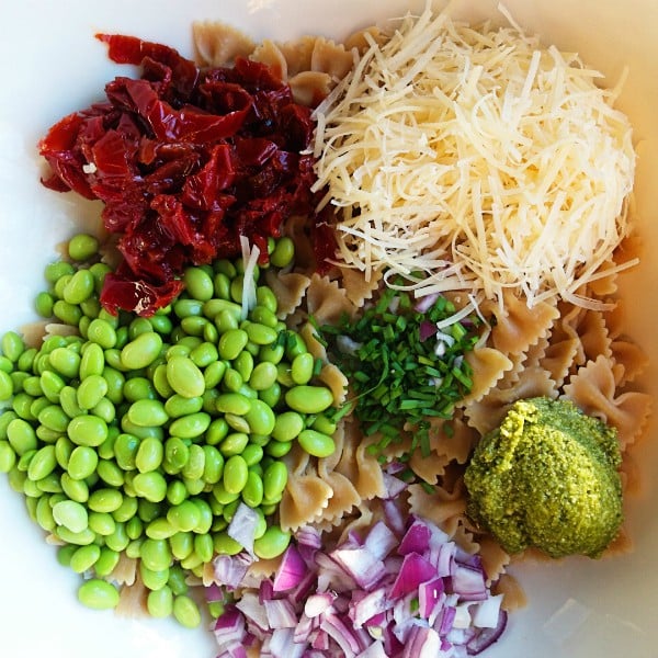 Whole Wheat Pasta Edamame Pesto and Peas