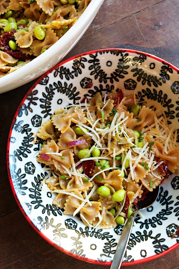 Whole Wheat Pasta Edamame Pesto and Peas