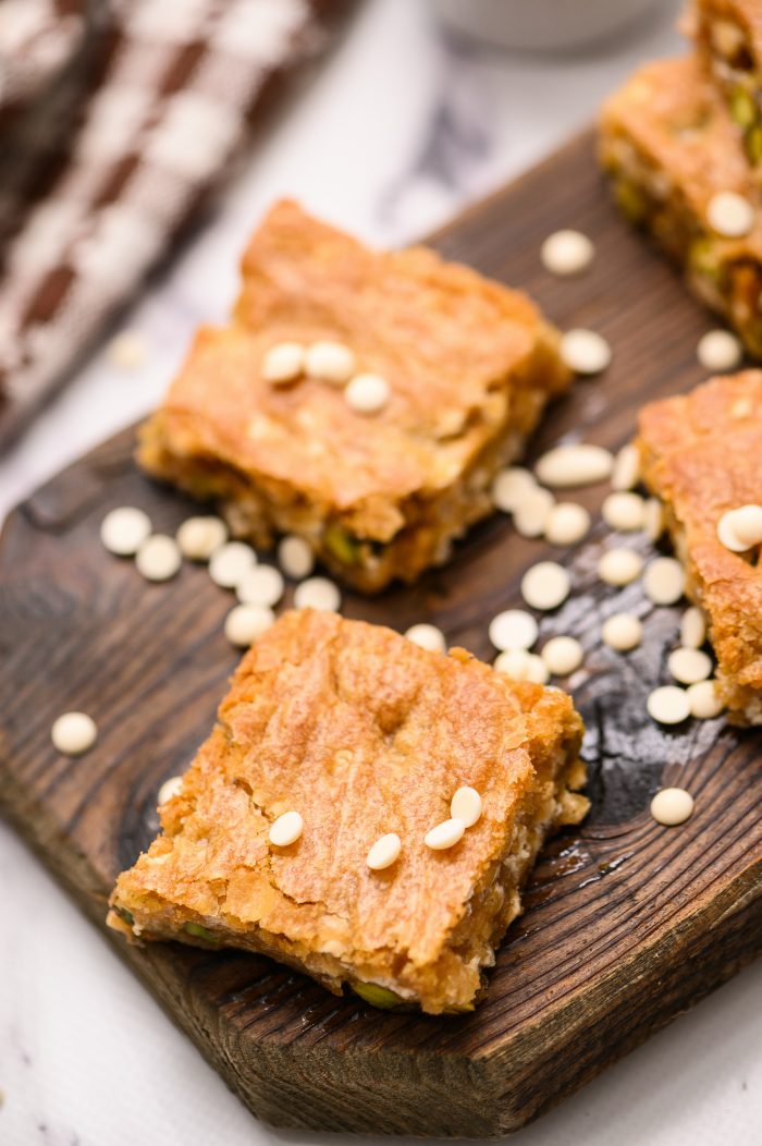 White Chocolate Pistachio Cookie Bars cut into squares