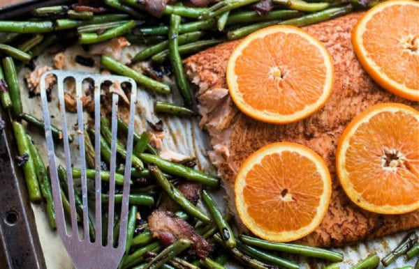 a sheet pan Baked Orange Spiced Salmon with green beans