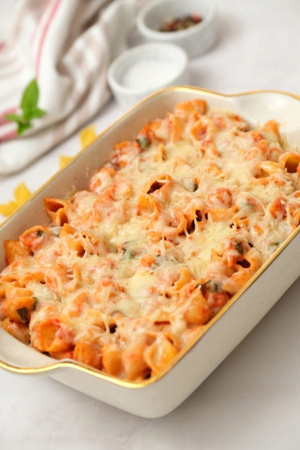 cheesy 9x13 pan of pasta bake