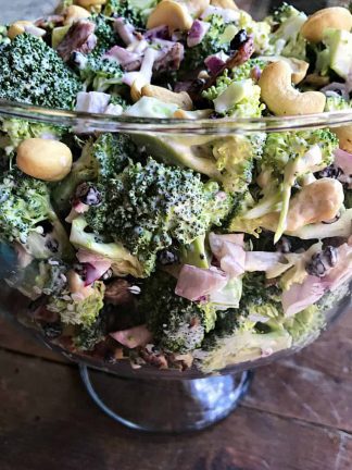 glass parfait bowl of broccoli salad