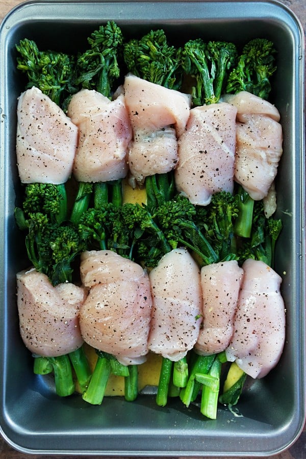broccolini and chicken rolled before the curry sauce