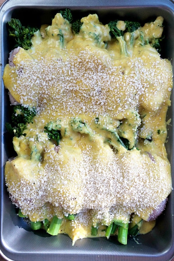 before baking, a pan of Rolled Broccolini Curried Chicken Divan