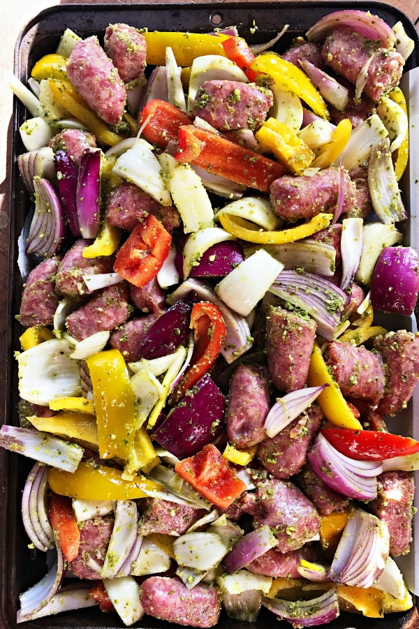 Pesto Bratwurst Sheet Pan Dinner - Reluctant Entertainer