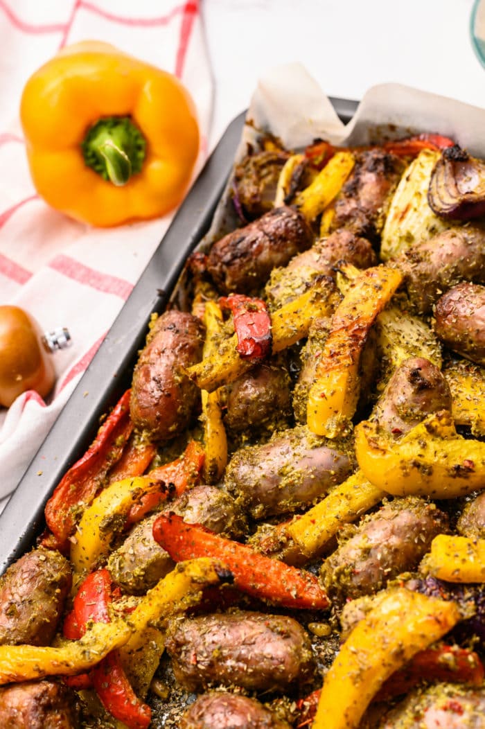 brats and peppers on sheet pan 