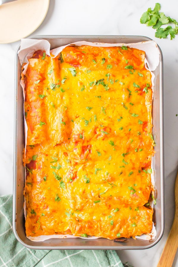 9x13 pan of Vegetarian Sweet Potato Bean Enchiladas