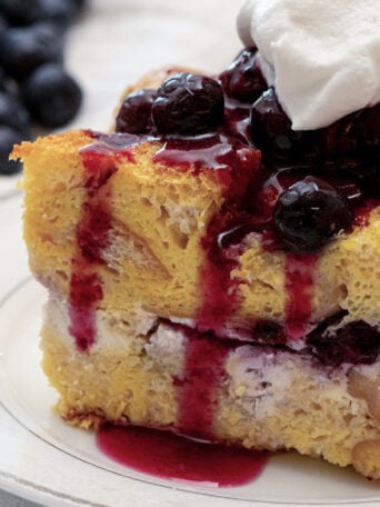 warm blueberry sauce on stuffed French Toast
