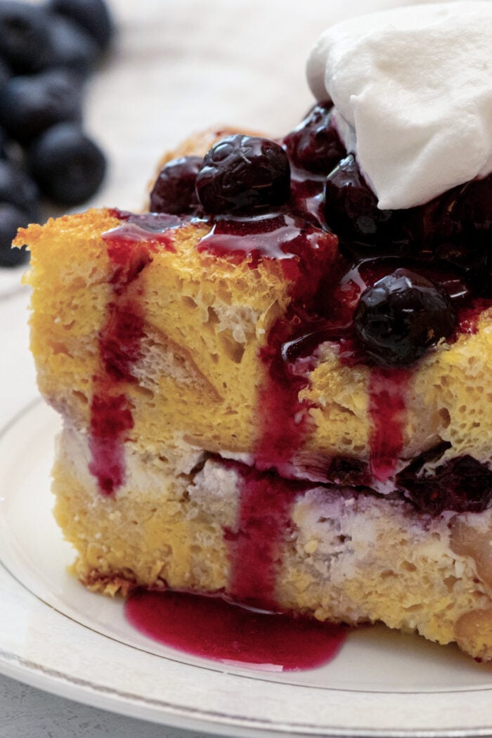 warm blueberry sauce on stuffed French Toast