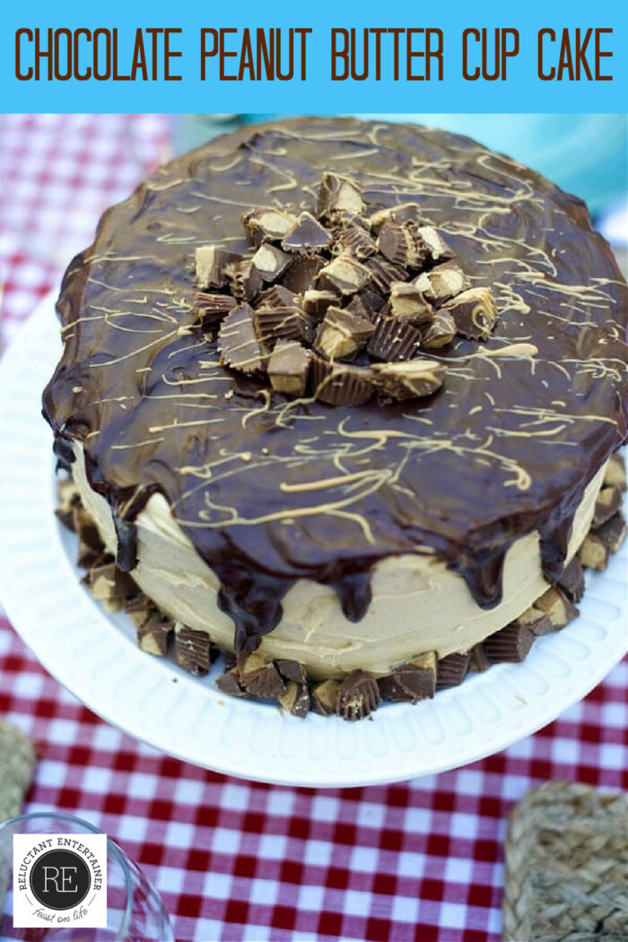 cake with peanut butter frosting and ganache