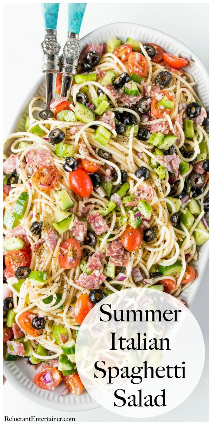 beautiful platter of summer italian spaghetti salad recipe