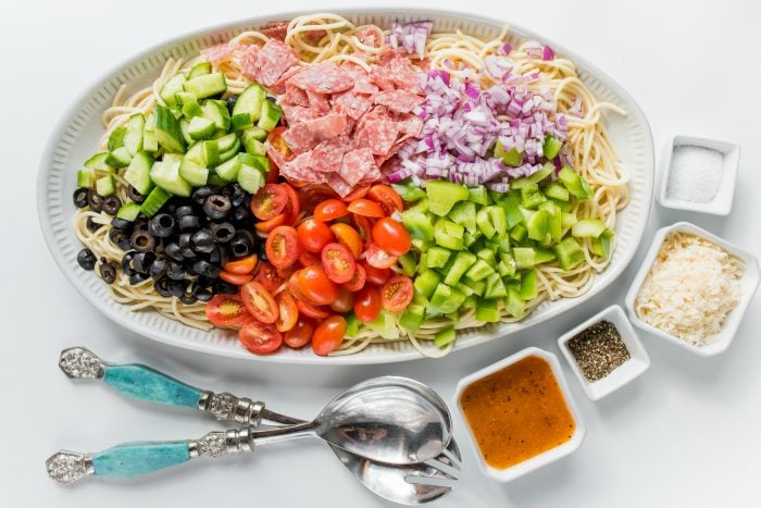 plate of spaghetti salad deconstructed