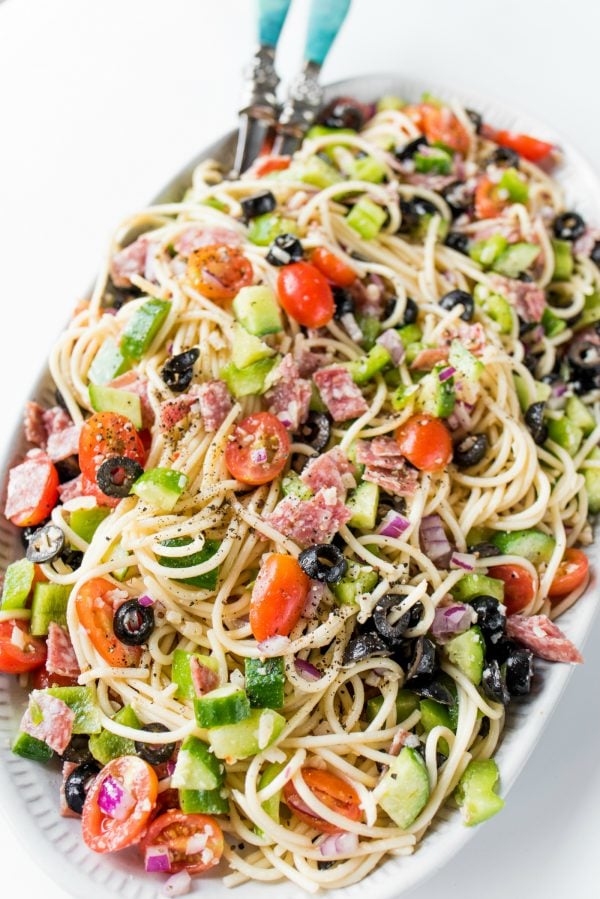 oval plate of spaghetti salad