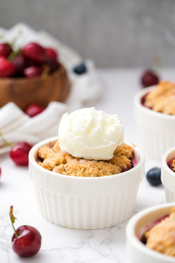 a Cherry Blueberry Cobbler in small serving
