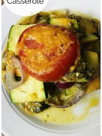 summer squash casserole on a white plate