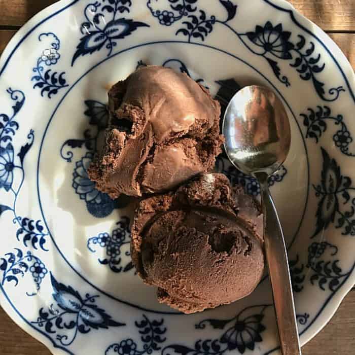 Blue and white bowl of Old-Fashioned Homemade Chocolate Ice Cream Recipe