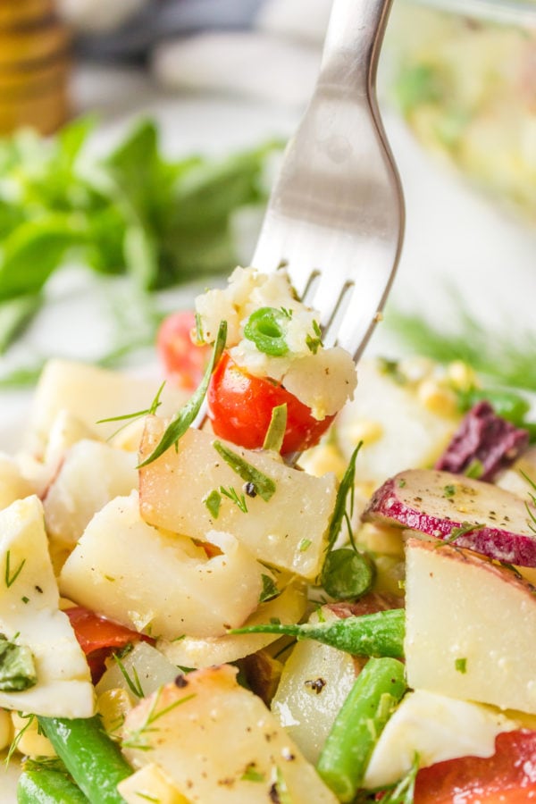 fork bite of Farmer's Red Potato Salad