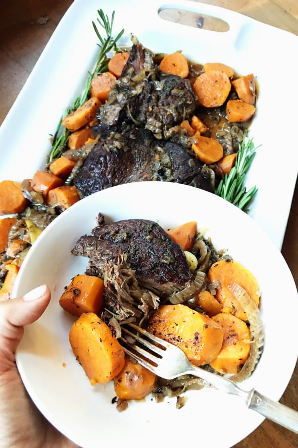 Slow Cooker Sweet Potato Roast Beef Dinner on a white plate