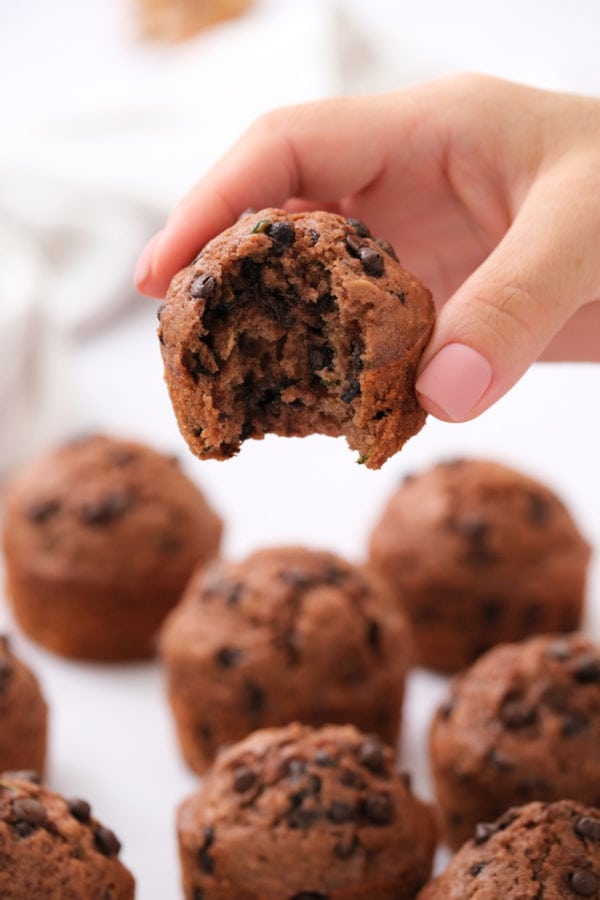 taking a bite of Chocolate Zucchini Muffin